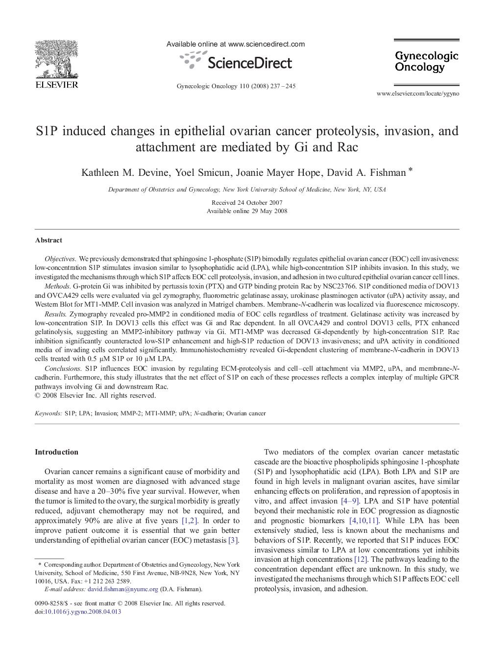 S1P induced changes in epithelial ovarian cancer proteolysis, invasion, and attachment are mediated by Gi and Rac