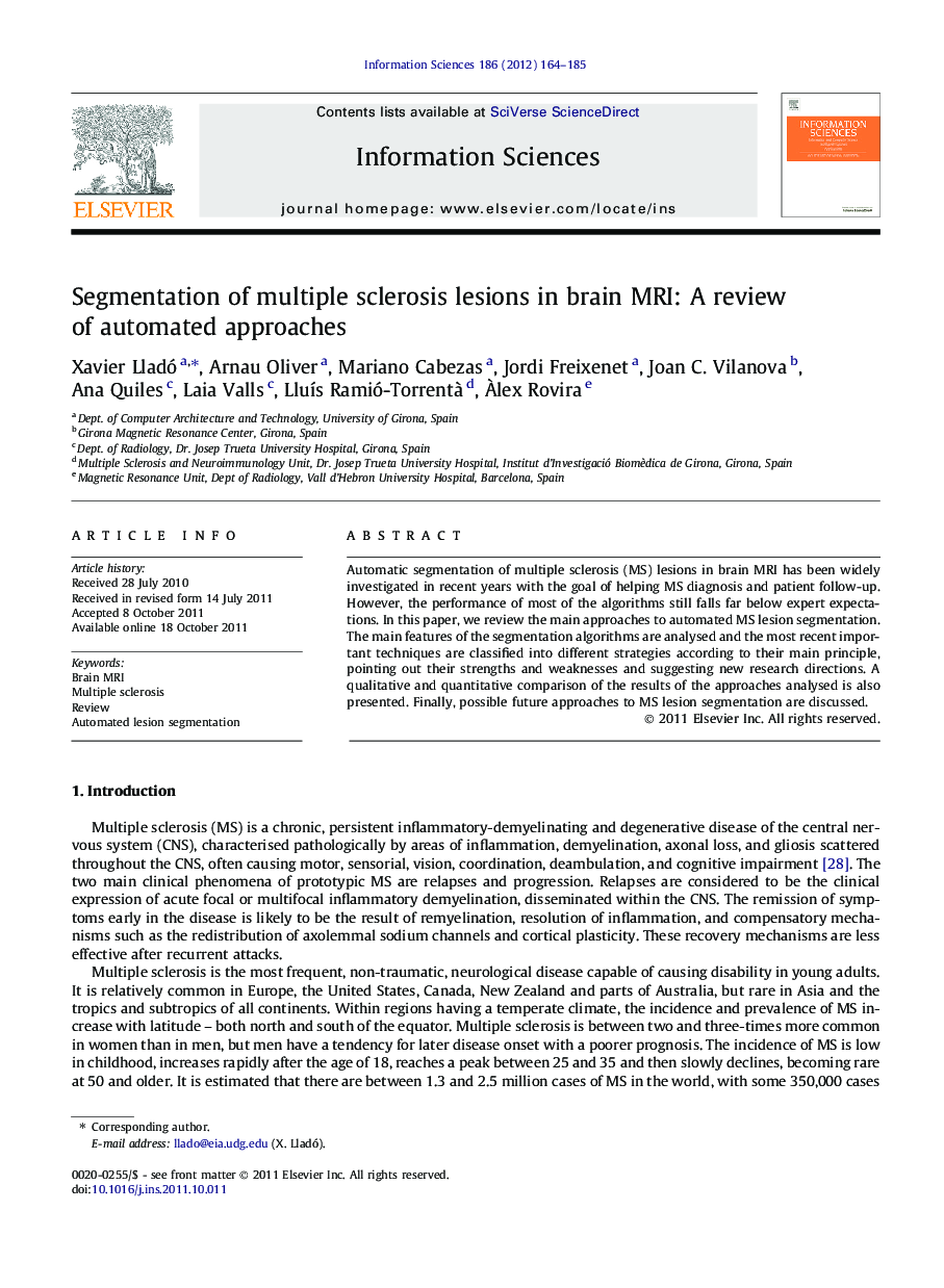 Segmentation of multiple sclerosis lesions in brain MRI: A review of automated approaches