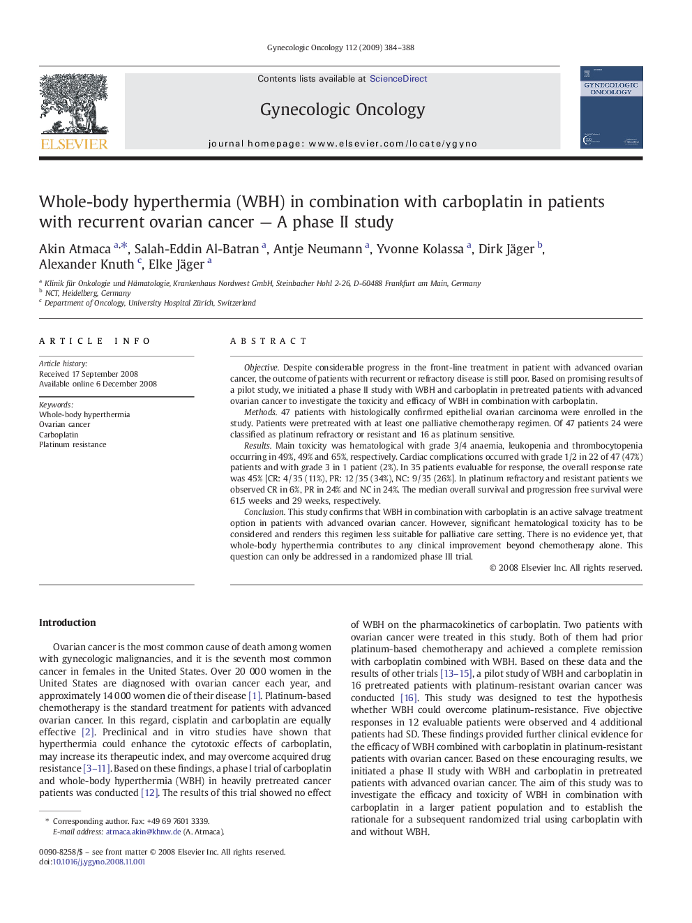 Whole-body hyperthermia (WBH) in combination with carboplatin in patients with recurrent ovarian cancer — A phase II study