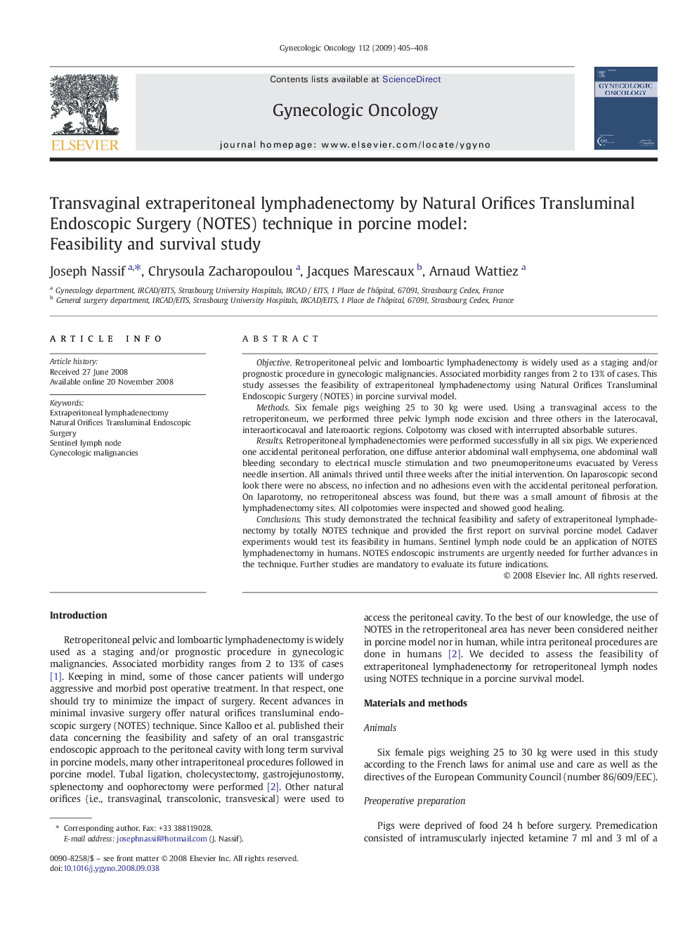 Transvaginal extraperitoneal lymphadenectomy by Natural Orifices Transluminal Endoscopic Surgery (NOTES) technique in porcine model: Feasibility and survival study