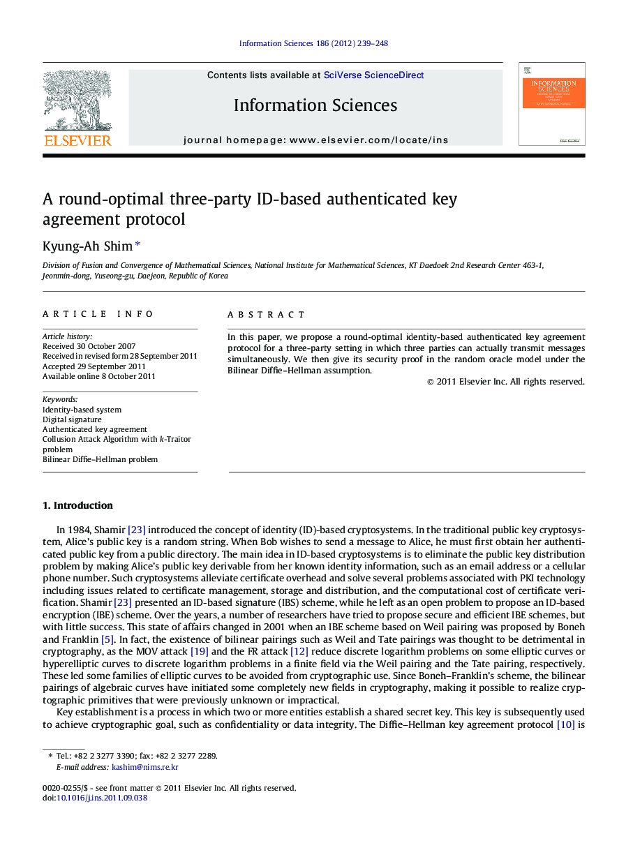 A round-optimal three-party ID-based authenticated key agreement protocol