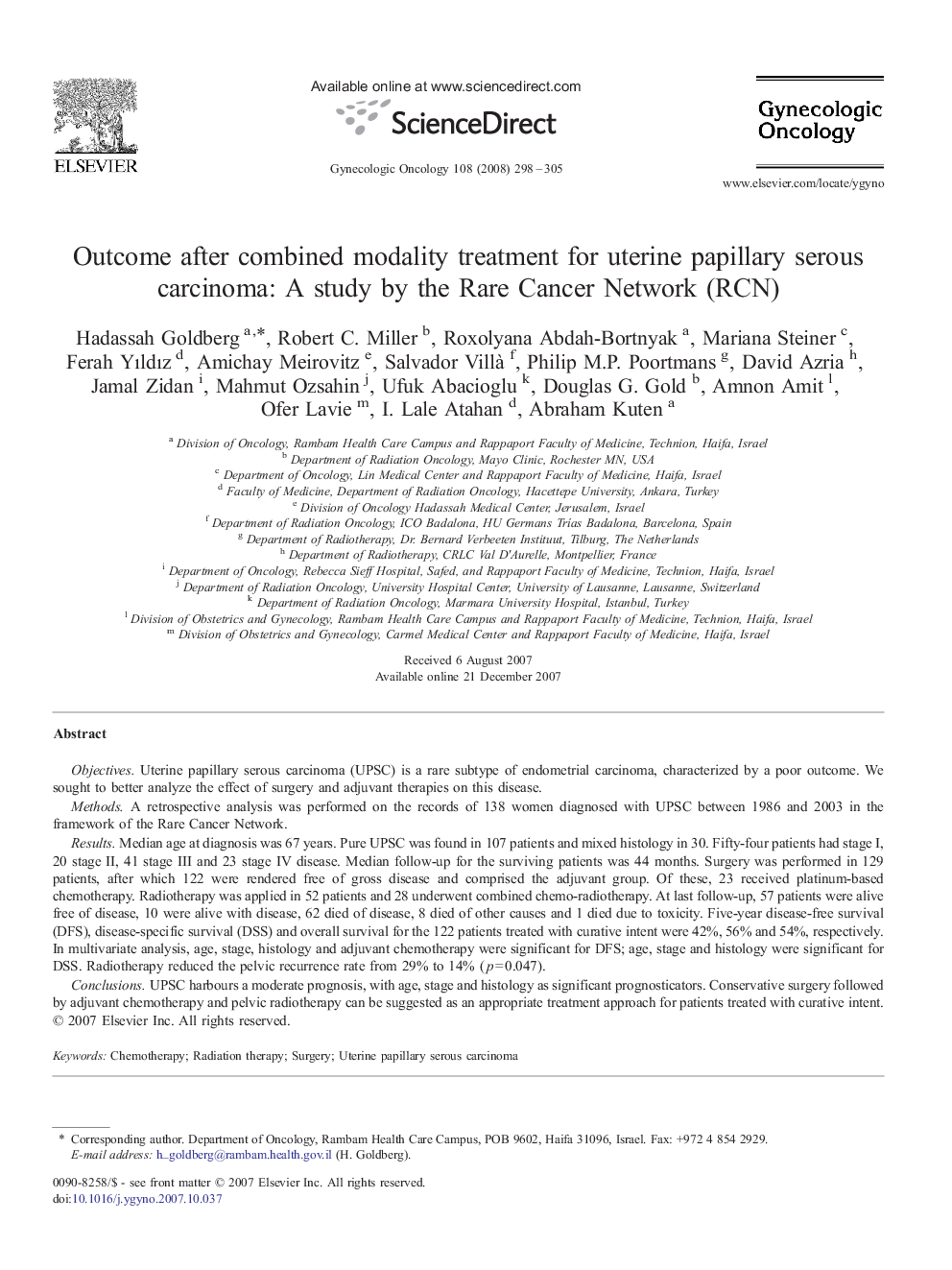 Outcome after combined modality treatment for uterine papillary serous carcinoma: A study by the Rare Cancer Network (RCN)