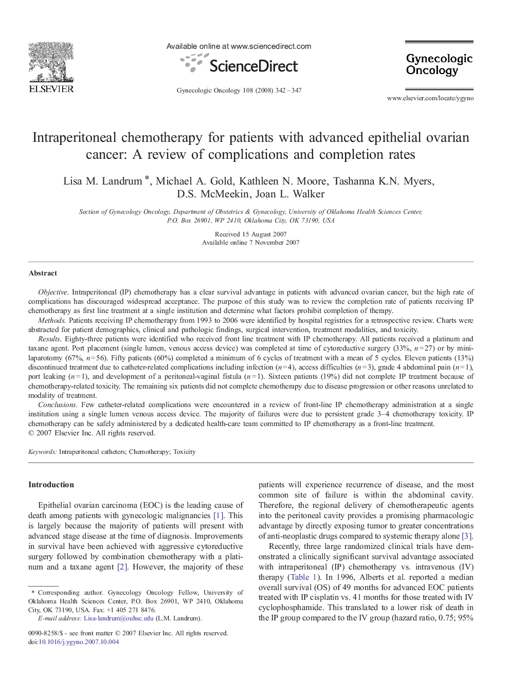 Intraperitoneal chemotherapy for patients with advanced epithelial ovarian cancer: A review of complications and completion rates