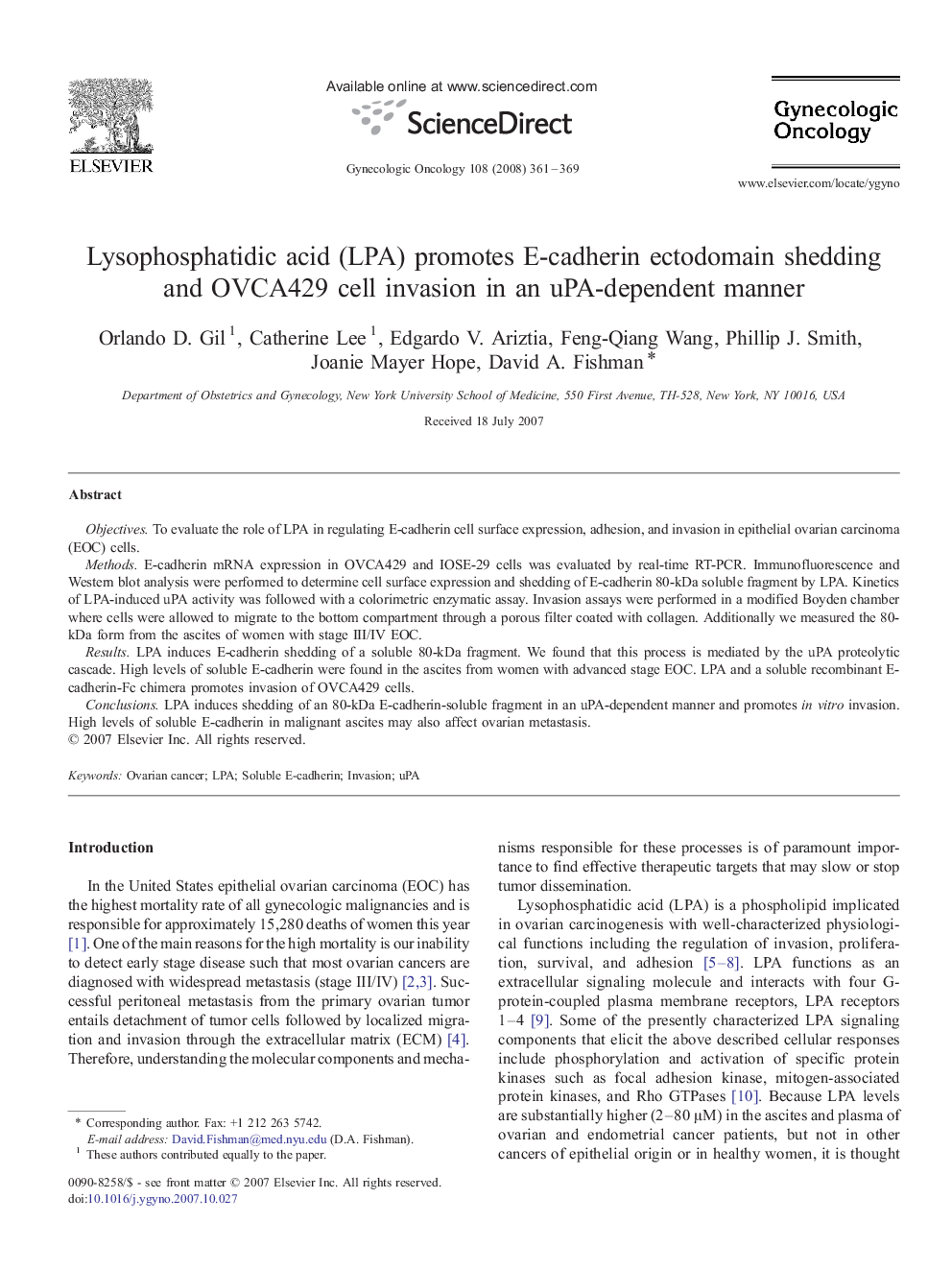 Lysophosphatidic acid (LPA) promotes E-cadherin ectodomain shedding and OVCA429 cell invasion in an uPA-dependent manner