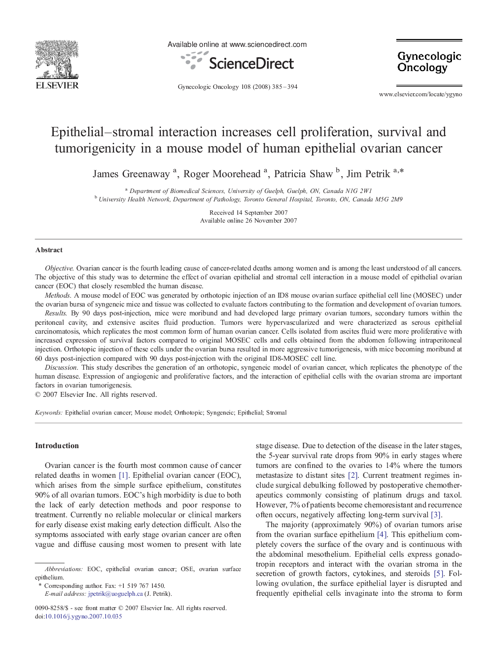 Epithelial–stromal interaction increases cell proliferation, survival and tumorigenicity in a mouse model of human epithelial ovarian cancer