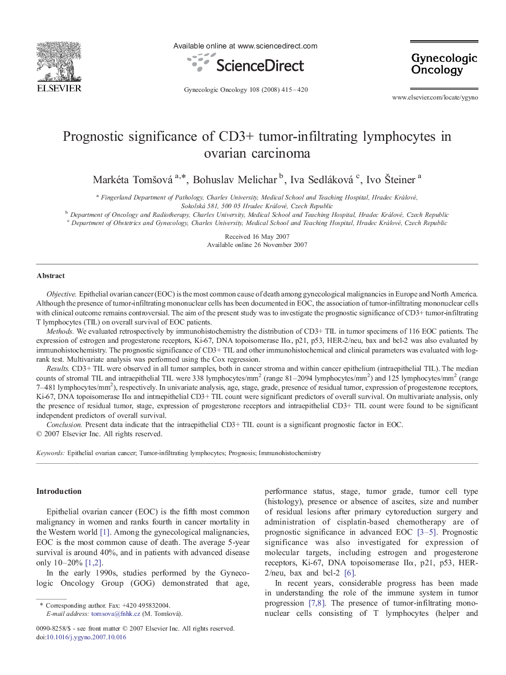 Prognostic significance of CD3+ tumor-infiltrating lymphocytes in ovarian carcinoma