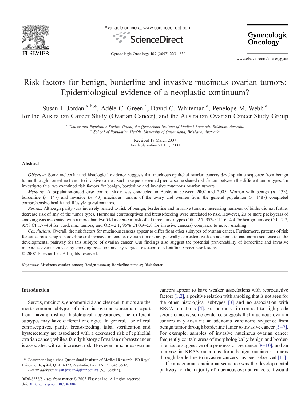 Risk factors for benign, borderline and invasive mucinous ovarian tumors: Epidemiological evidence of a neoplastic continuum?