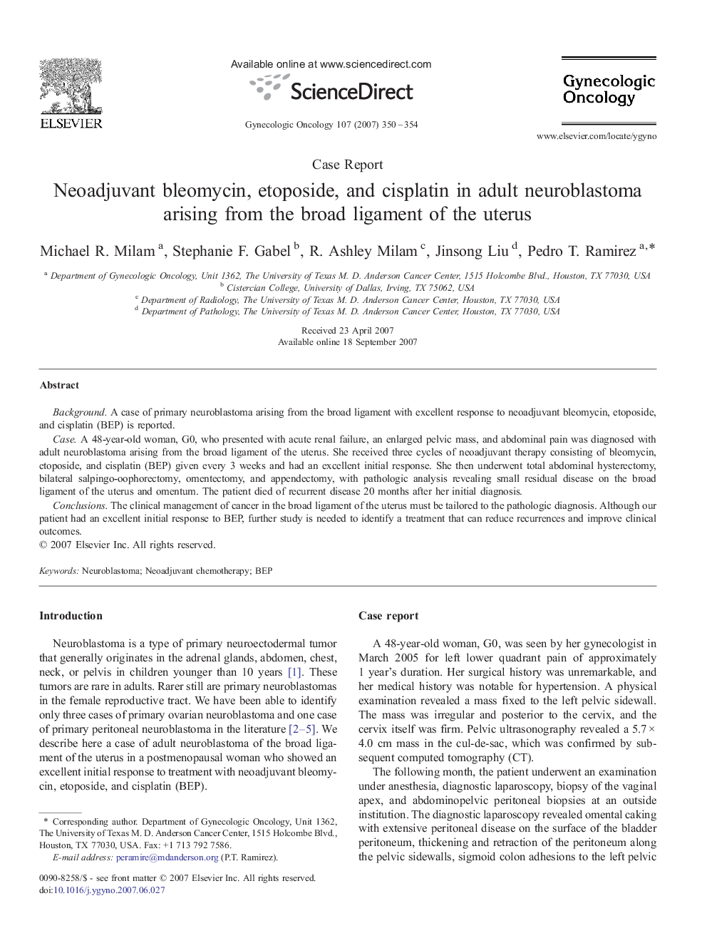 Neoadjuvant bleomycin, etoposide, and cisplatin in adult neuroblastoma arising from the broad ligament of the uterus