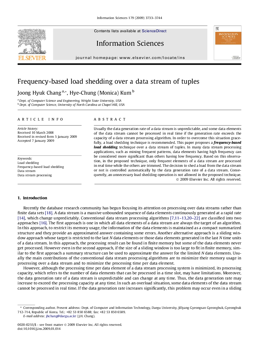 Frequency-based load shedding over a data stream of tuples