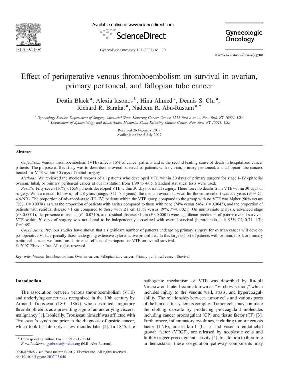 Effect of perioperative venous thromboembolism on survival in ovarian, primary peritoneal, and fallopian tube cancer