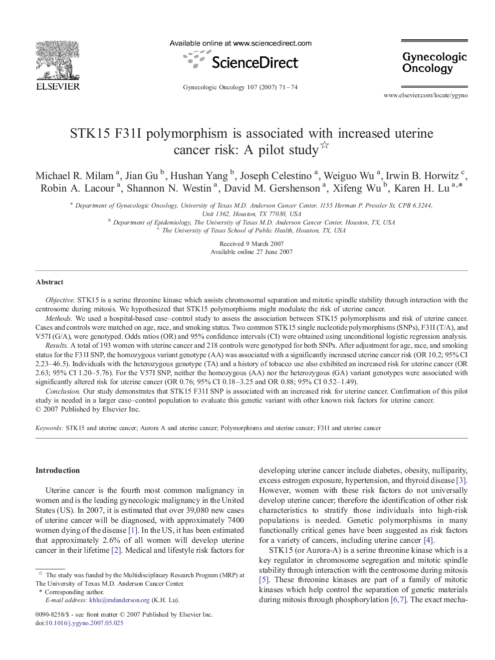 STK15 F31I polymorphism is associated with increased uterine cancer risk: A pilot study