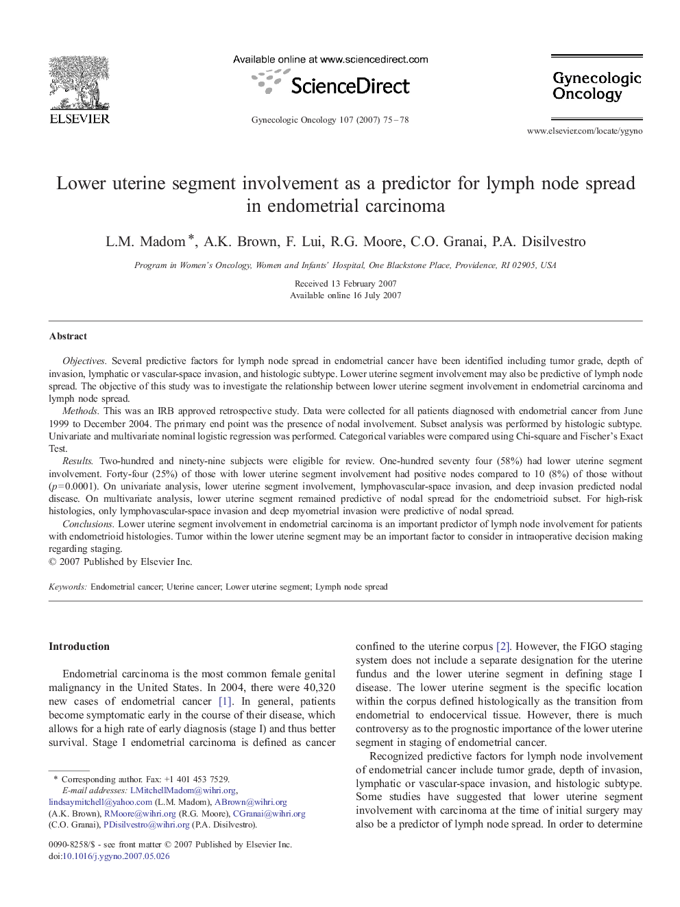 Lower uterine segment involvement as a predictor for lymph node spread in endometrial carcinoma