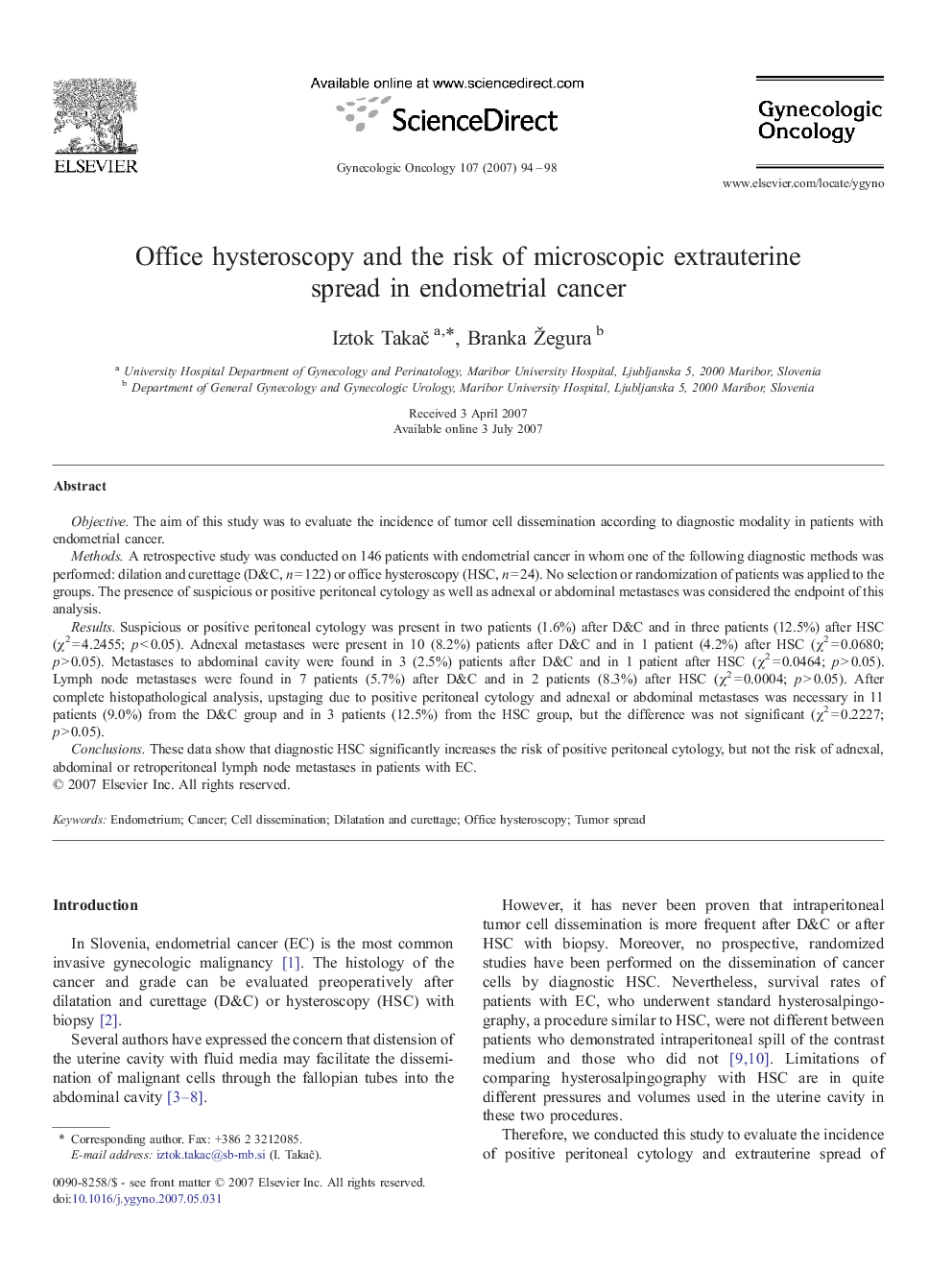 Office hysteroscopy and the risk of microscopic extrauterine spread in endometrial cancer