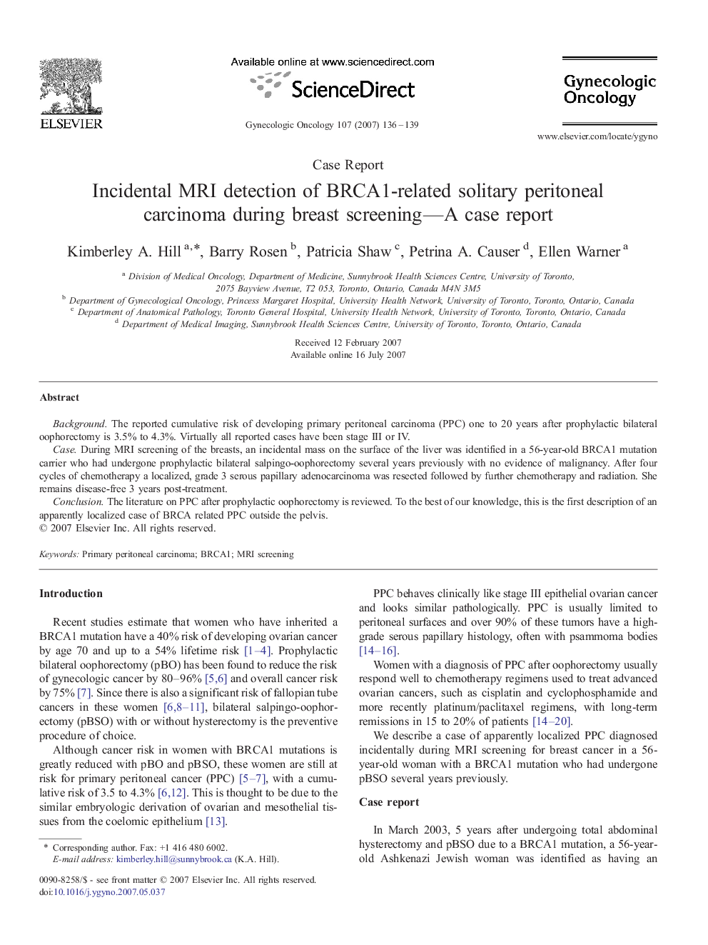 Incidental MRI detection of BRCA1-related solitary peritoneal carcinoma during breast screening—A case report