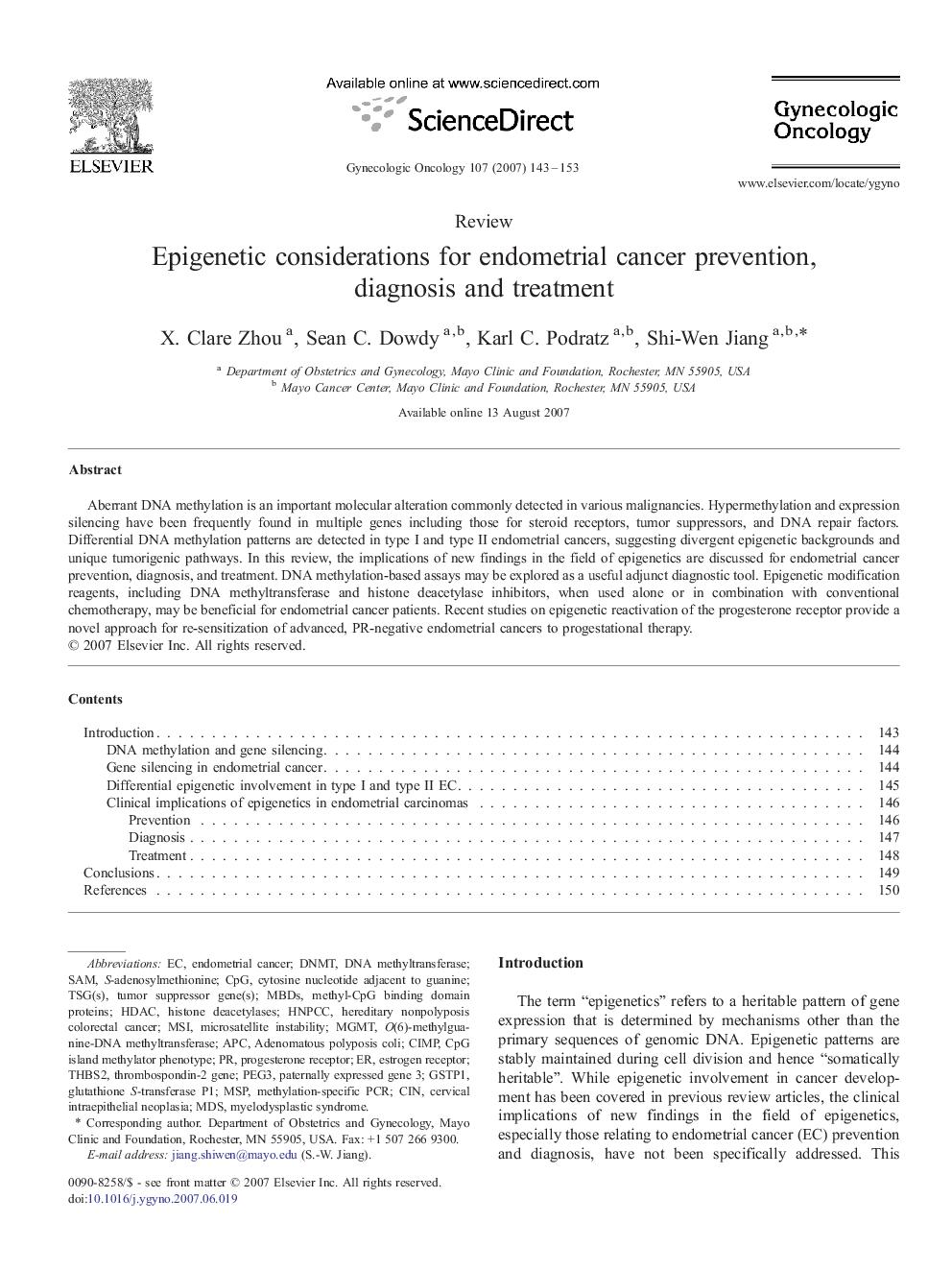 Epigenetic considerations for endometrial cancer prevention, diagnosis and treatment