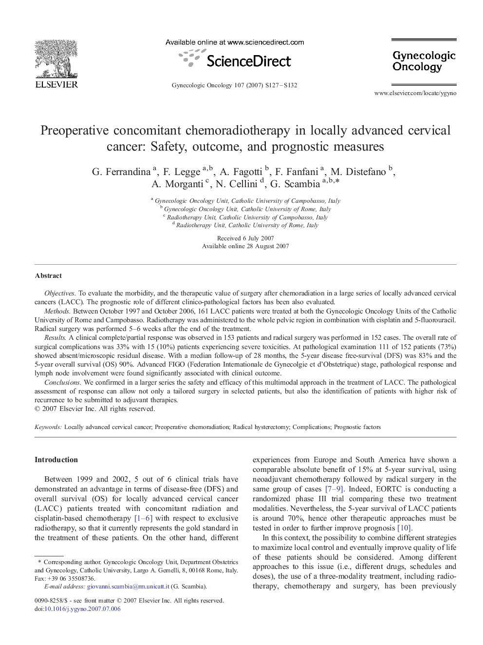 Preoperative concomitant chemoradiotherapy in locally advanced cervical cancer: Safety, outcome, and prognostic measures