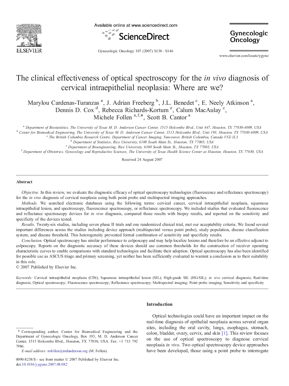 The clinical effectiveness of optical spectroscopy for the in vivo diagnosis of cervical intraepithelial neoplasia: Where are we?