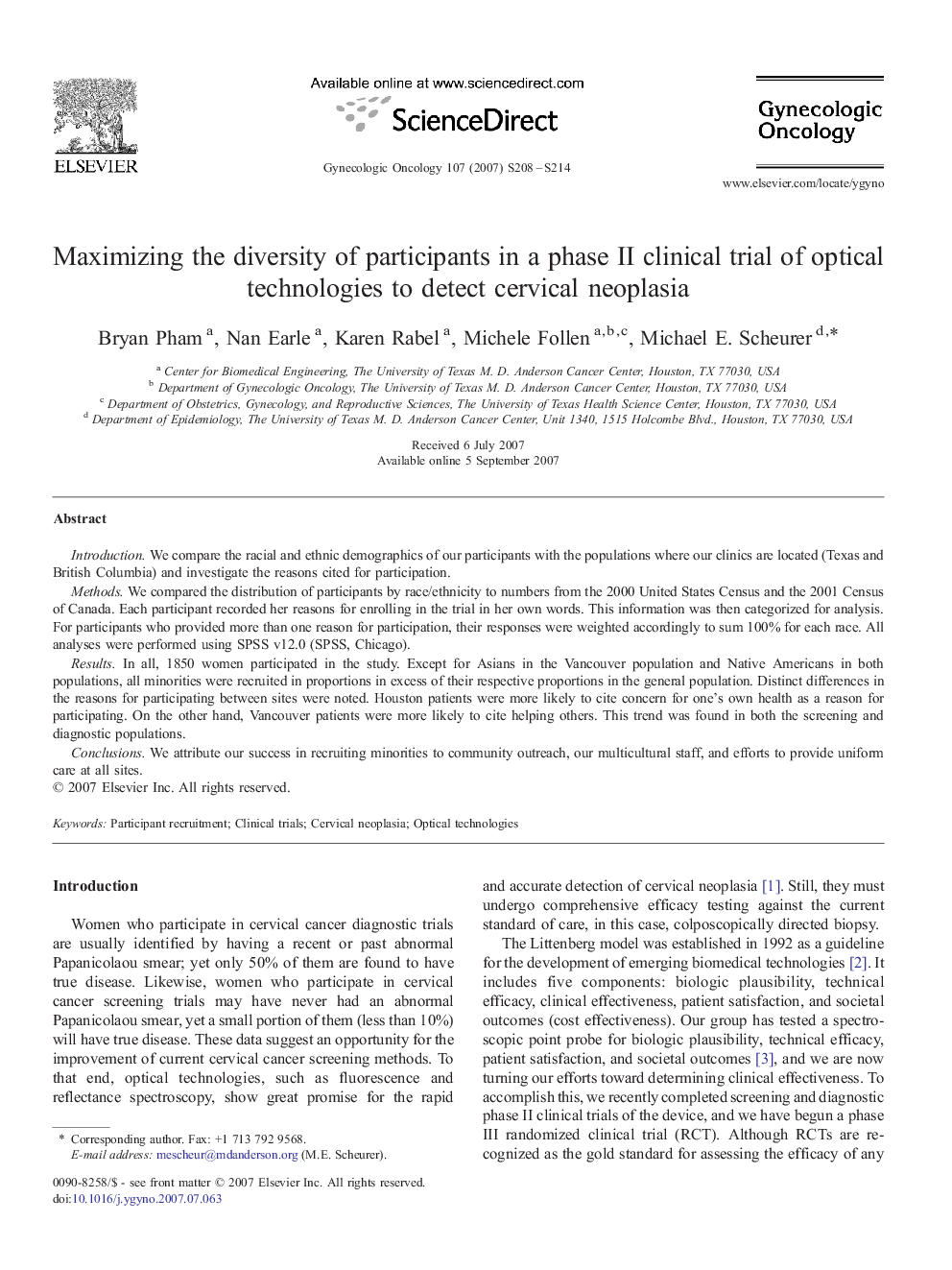 Maximizing the diversity of participants in a phase II clinical trial of optical technologies to detect cervical neoplasia