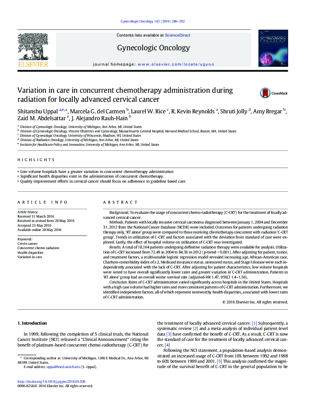 Variation in care in concurrent chemotherapy administration during radiation for locally advanced cervical cancer