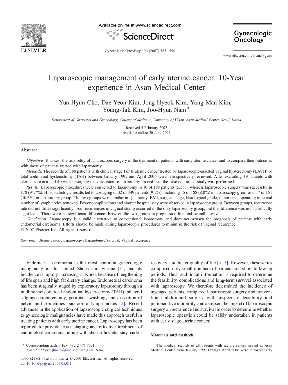 Laparoscopic management of early uterine cancer: 10-Year experience in Asan Medical Center