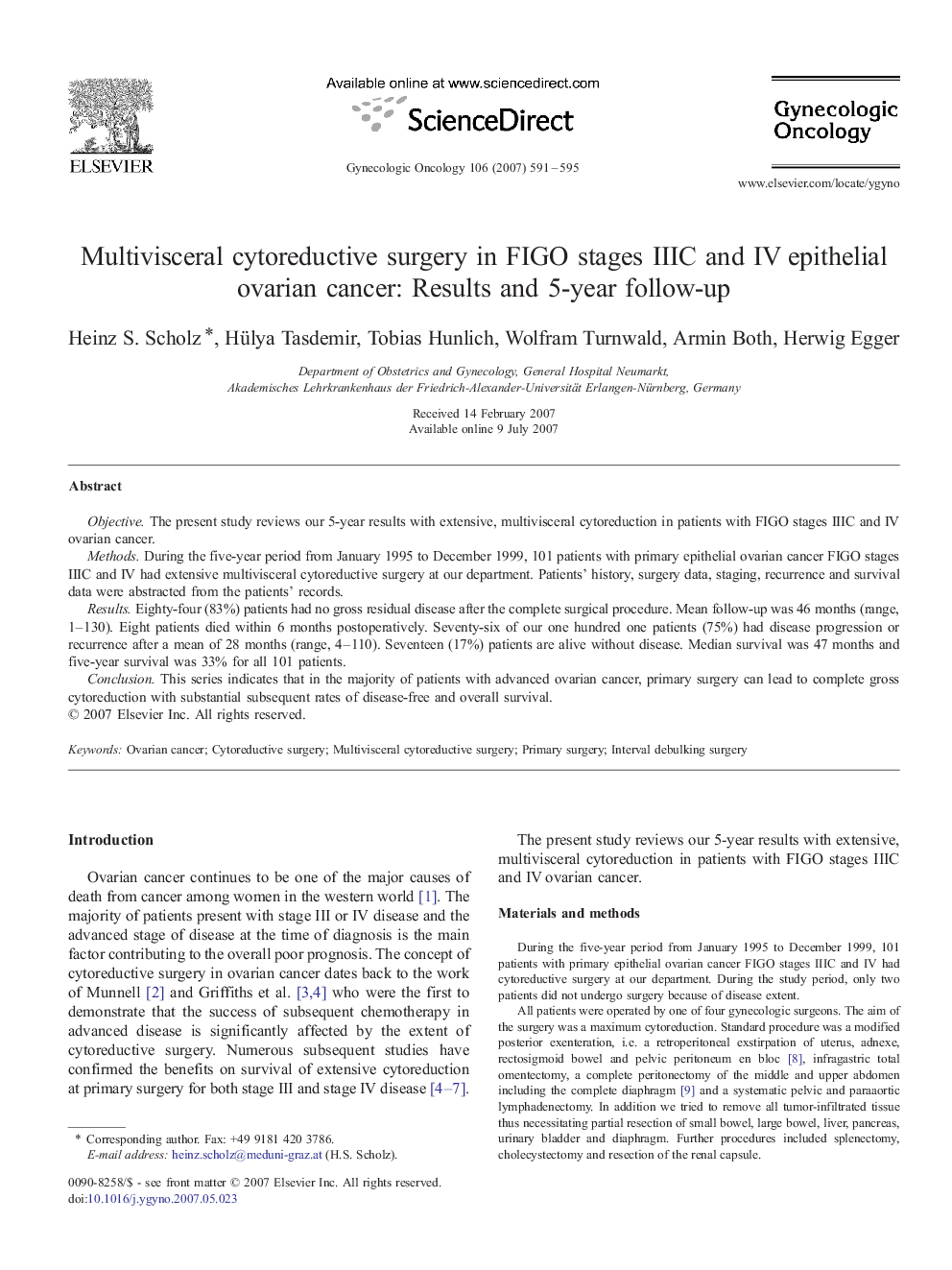 Multivisceral cytoreductive surgery in FIGO stages IIIC and IV epithelial ovarian cancer: Results and 5-year follow-up