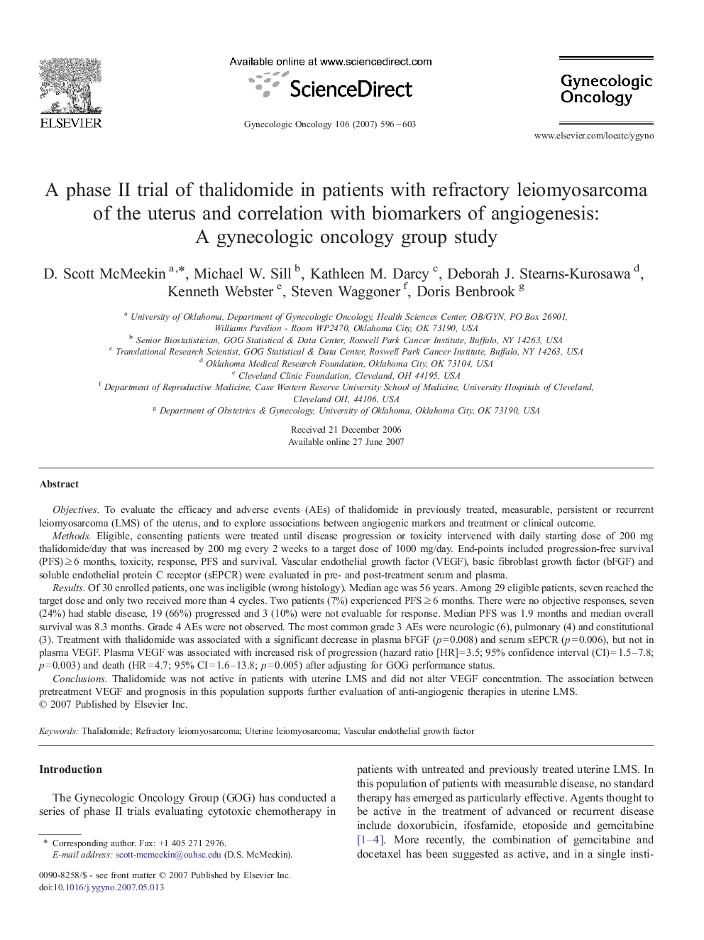 A phase II trial of thalidomide in patients with refractory leiomyosarcoma of the uterus and correlation with biomarkers of angiogenesis: A gynecologic oncology group study