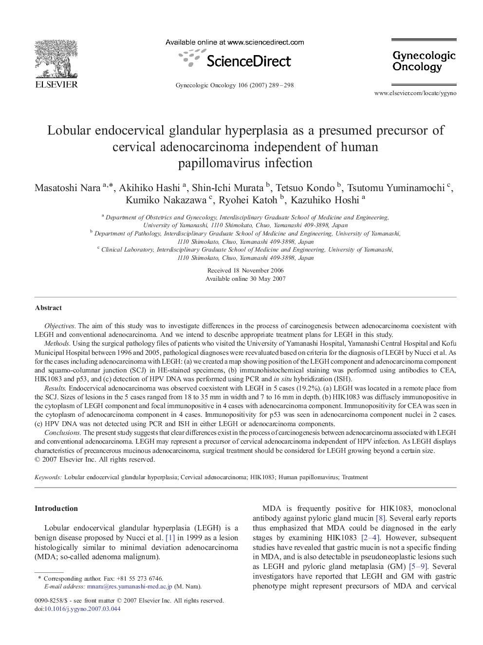 Lobular endocervical glandular hyperplasia as a presumed precursor of cervical adenocarcinoma independent of human papillomavirus infection