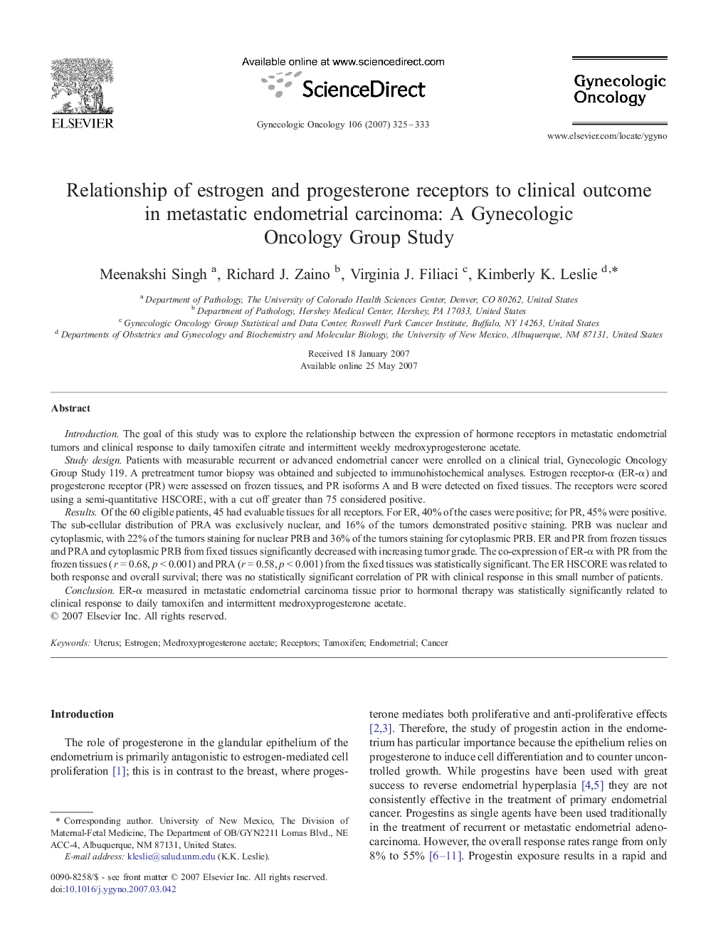 Relationship of estrogen and progesterone receptors to clinical outcome in metastatic endometrial carcinoma: A Gynecologic Oncology Group Study