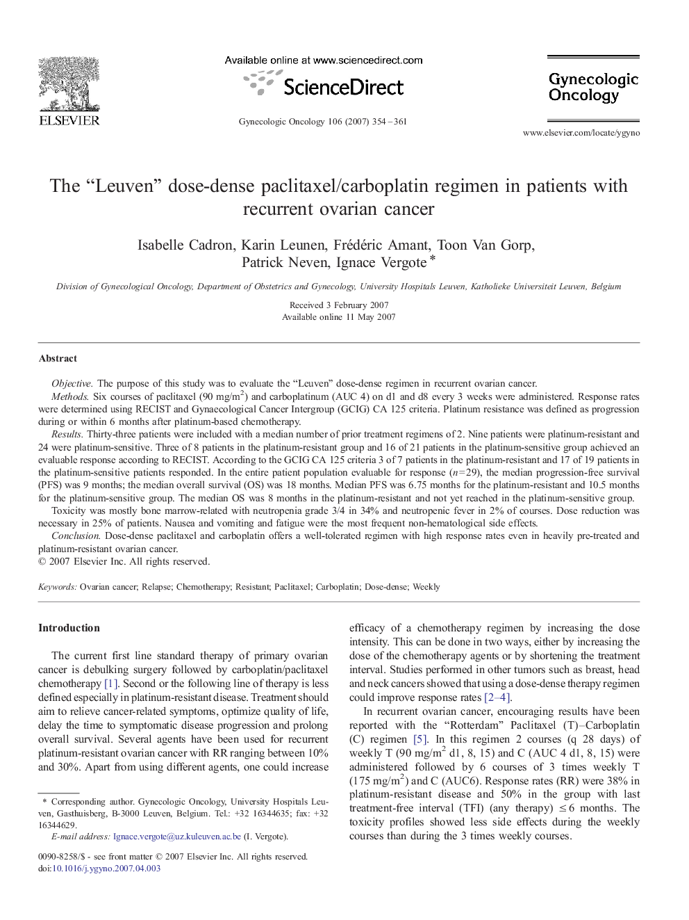 The “Leuven” dose-dense paclitaxel/carboplatin regimen in patients with recurrent ovarian cancer