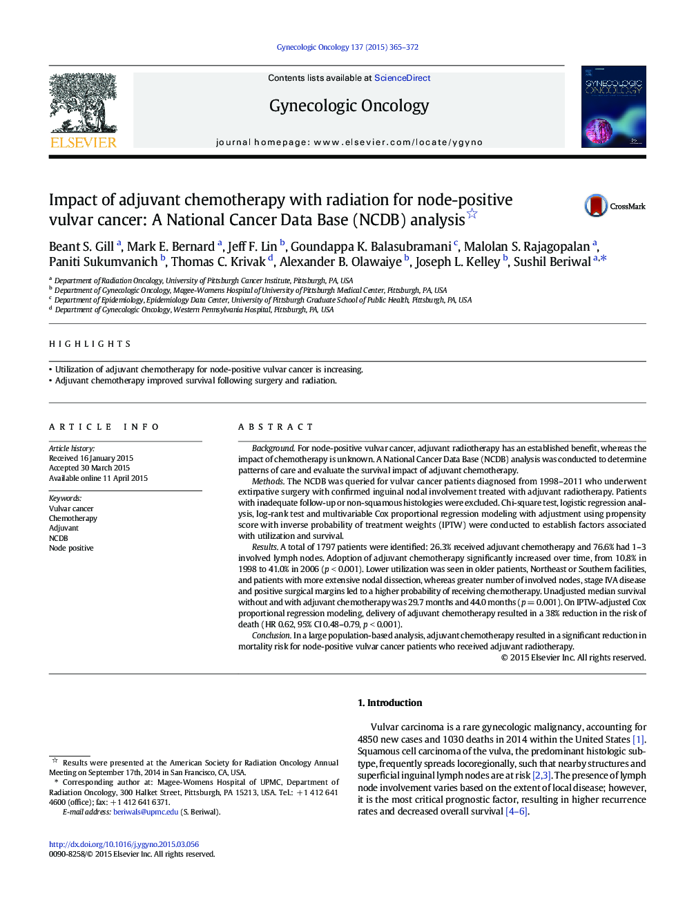 Impact of adjuvant chemotherapy with radiation for node-positive vulvar cancer: A National Cancer Data Base (NCDB) analysis 