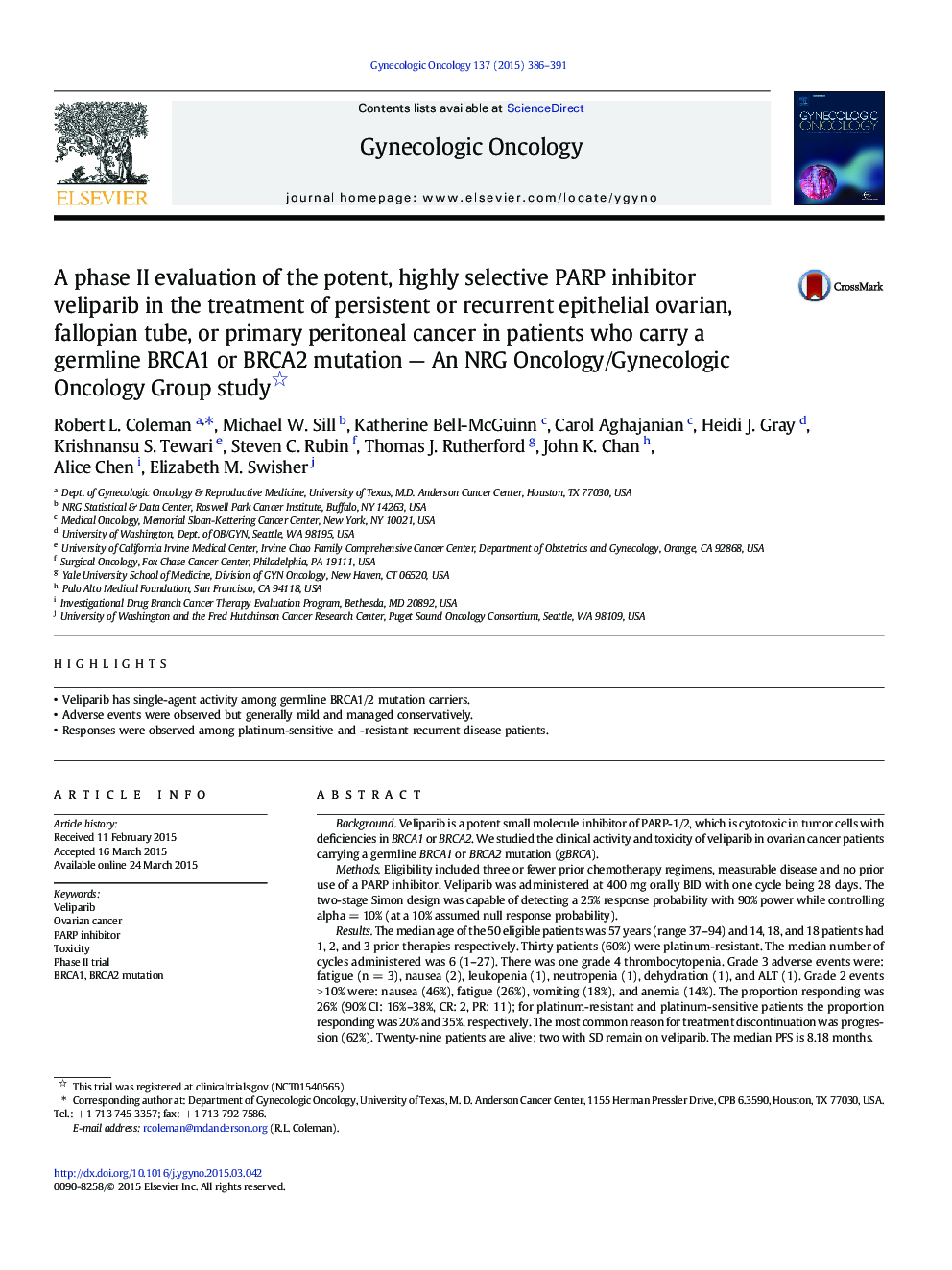 A phase II evaluation of the potent, highly selective PARP inhibitor veliparib in the treatment of persistent or recurrent epithelial ovarian, fallopian tube, or primary peritoneal cancer in patients who carry a germline BRCA1 or BRCA2 mutation — An NRG O