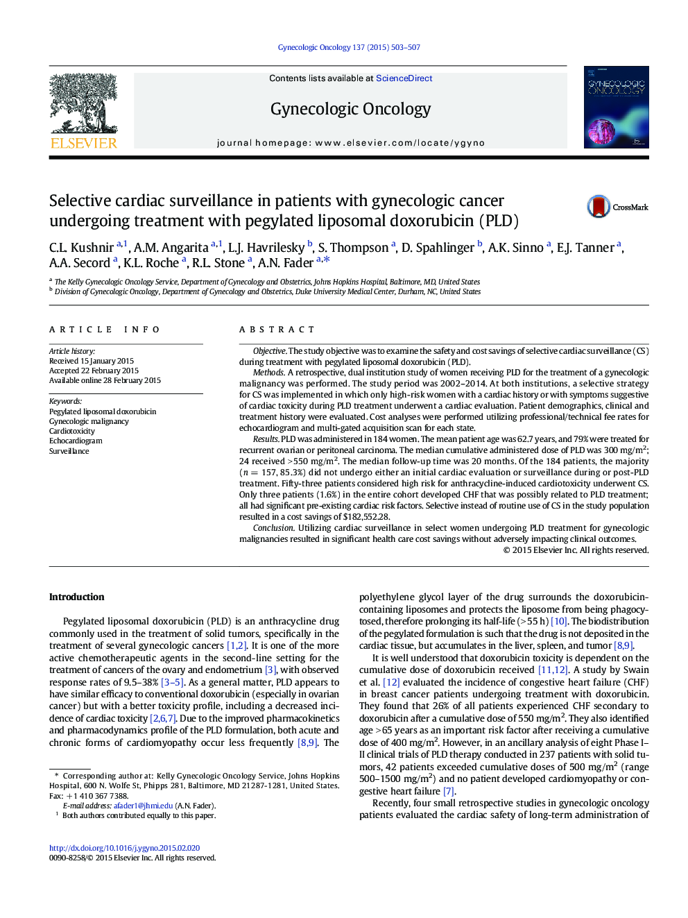 Selective cardiac surveillance in patients with gynecologic cancer undergoing treatment with pegylated liposomal doxorubicin (PLD)