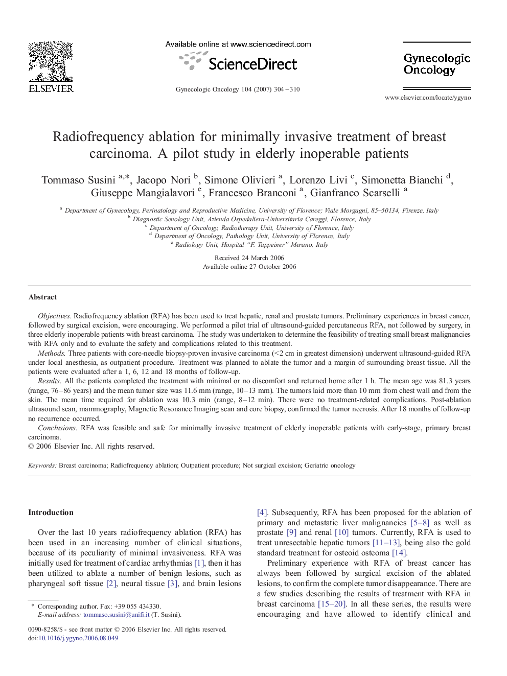 Radiofrequency ablation for minimally invasive treatment of breast carcinoma. A pilot study in elderly inoperable patients