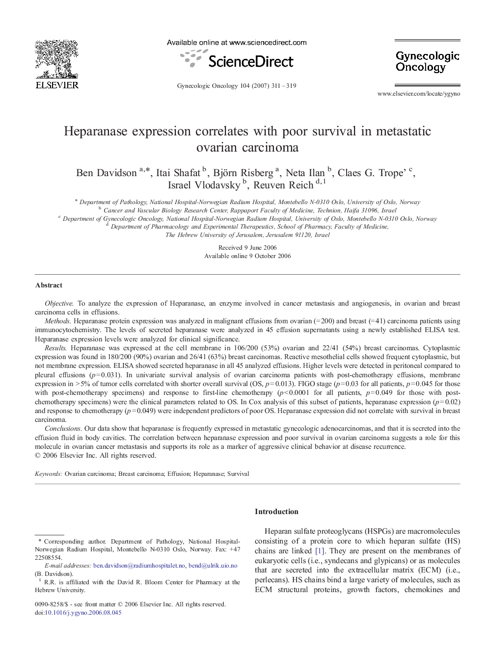 Heparanase expression correlates with poor survival in metastatic ovarian carcinoma