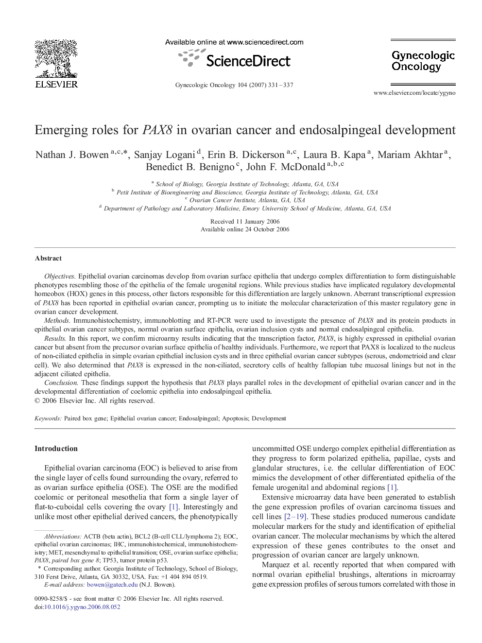 Emerging roles for PAX8 in ovarian cancer and endosalpingeal development
