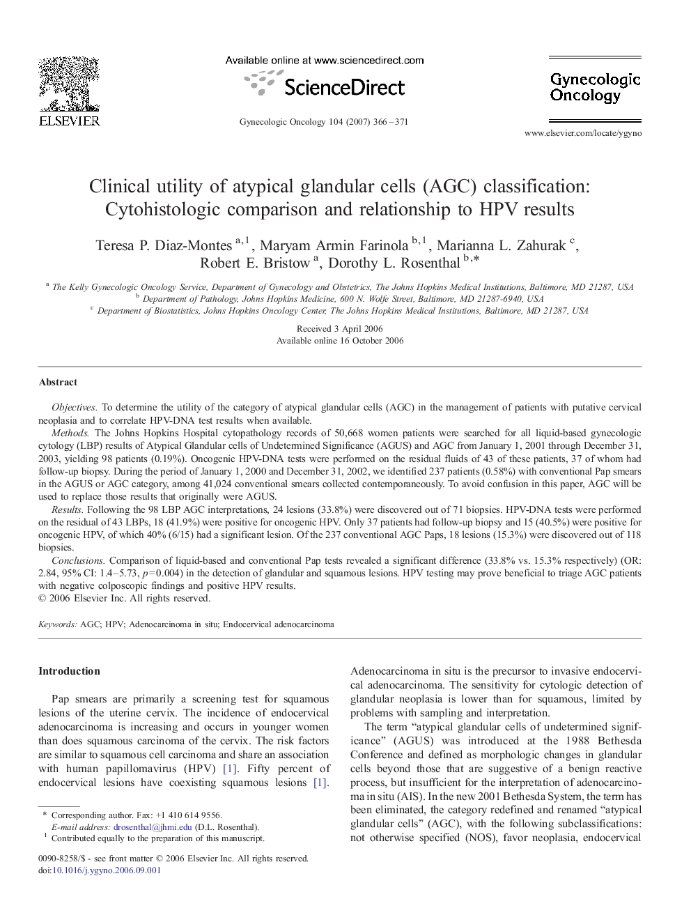 Clinical utility of atypical glandular cells (AGC) classification: Cytohistologic comparison and relationship to HPV results