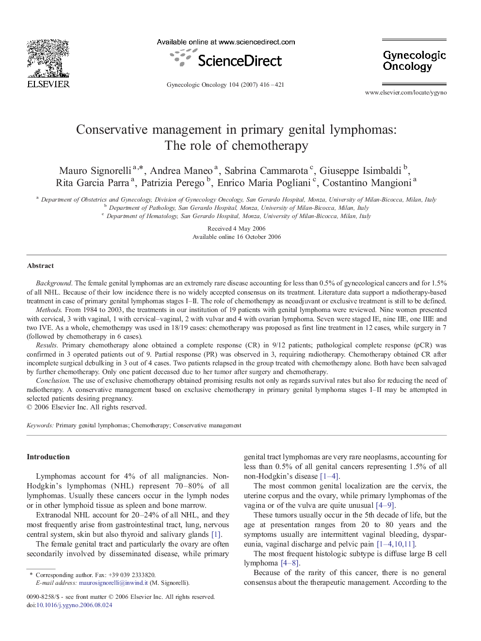 Conservative management in primary genital lymphomas: The role of chemotherapy
