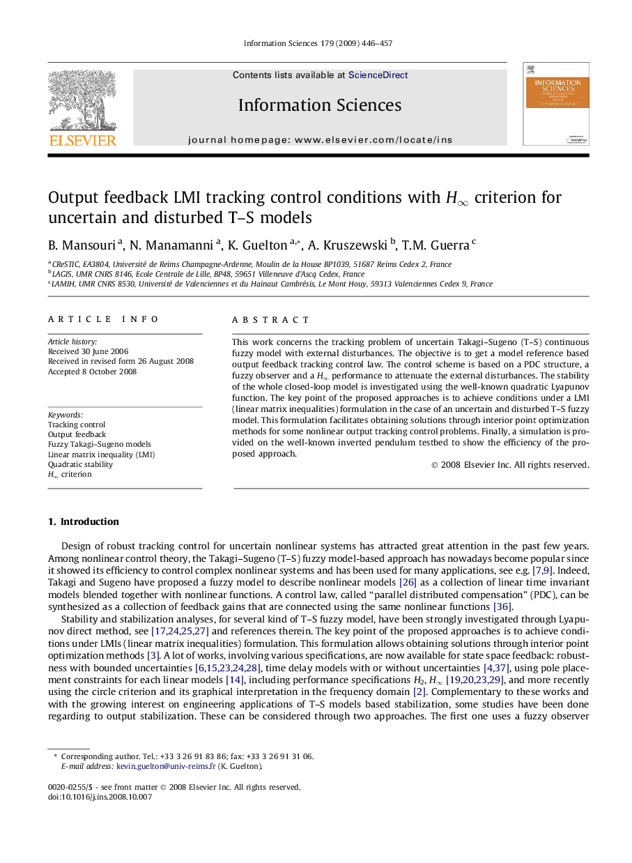 Output feedback LMI tracking control conditions with H∞ criterion for uncertain and disturbed T–S models