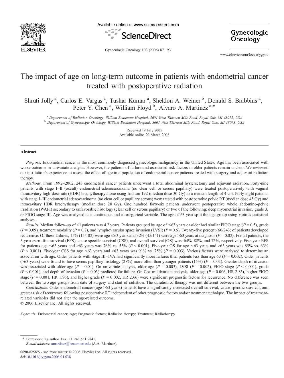 The impact of age on long-term outcome in patients with endometrial cancer treated with postoperative radiation