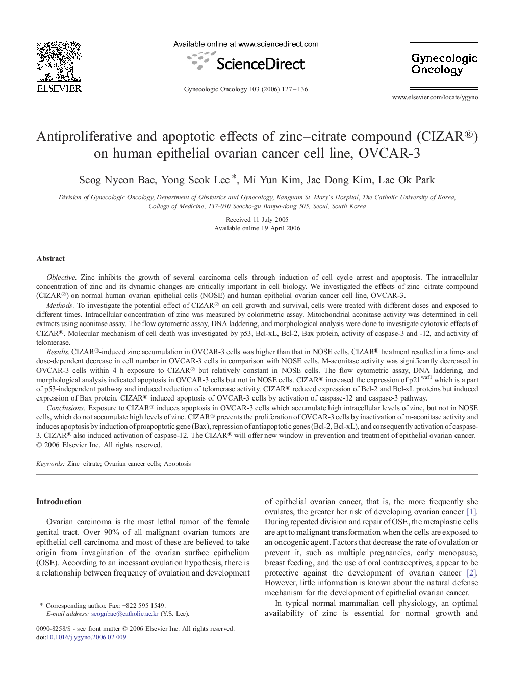 Antiproliferative and apoptotic effects of zinc–citrate compound (CIZAR®) on human epithelial ovarian cancer cell line, OVCAR-3