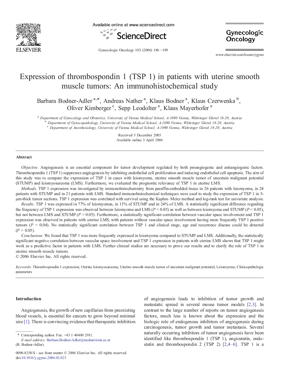 Expression of thrombospondin 1 (TSP 1) in patients with uterine smooth muscle tumors: An immunohistochemical study