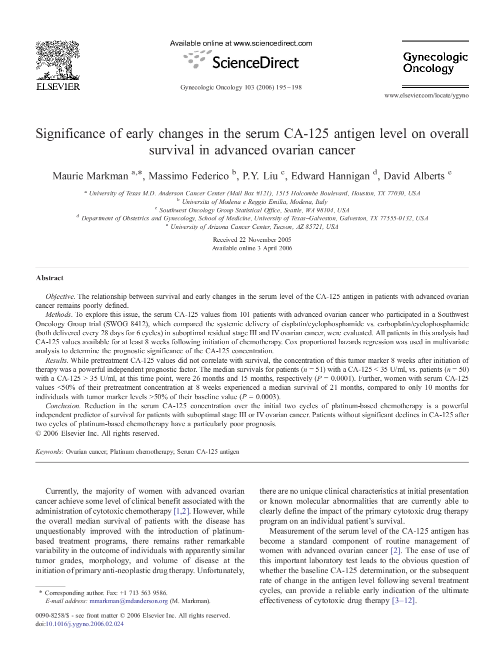 Significance of early changes in the serum CA-125 antigen level on overall survival in advanced ovarian cancer