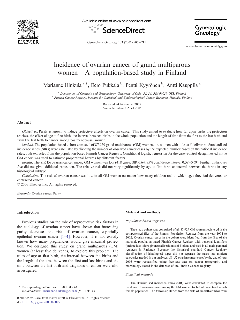 Incidence of ovarian cancer of grand multiparous women—A population-based study in Finland