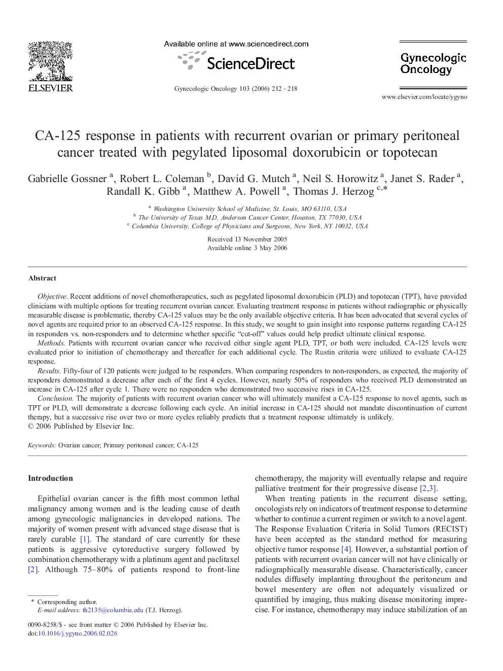 CA-125 response in patients with recurrent ovarian or primary peritoneal cancer treated with pegylated liposomal doxorubicin or topotecan