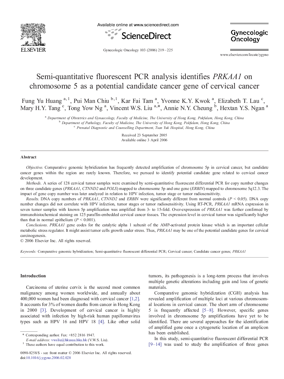 Semi-quantitative fluorescent PCR analysis identifies PRKAA1 on chromosome 5 as a potential candidate cancer gene of cervical cancer