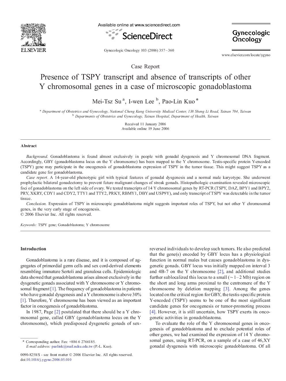 Presence of TSPY transcript and absence of transcripts of other Y chromosomal genes in a case of microscopic gonadoblastoma