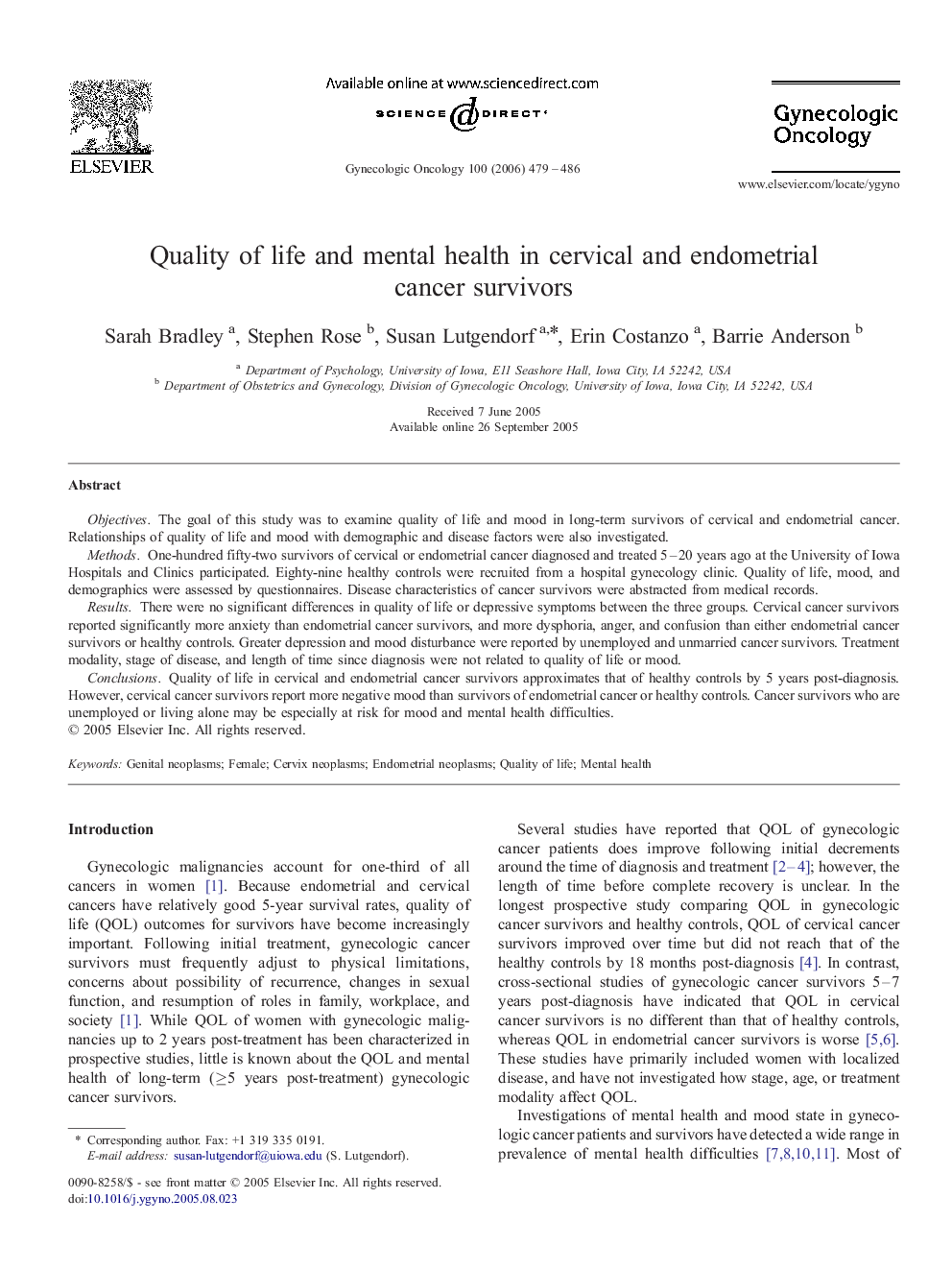 Quality of life and mental health in cervical and endometrial cancer survivors