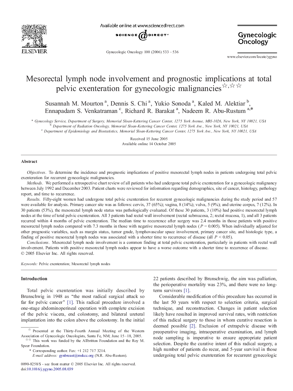 Mesorectal lymph node involvement and prognostic implications at total pelvic exenteration for gynecologic malignancies 