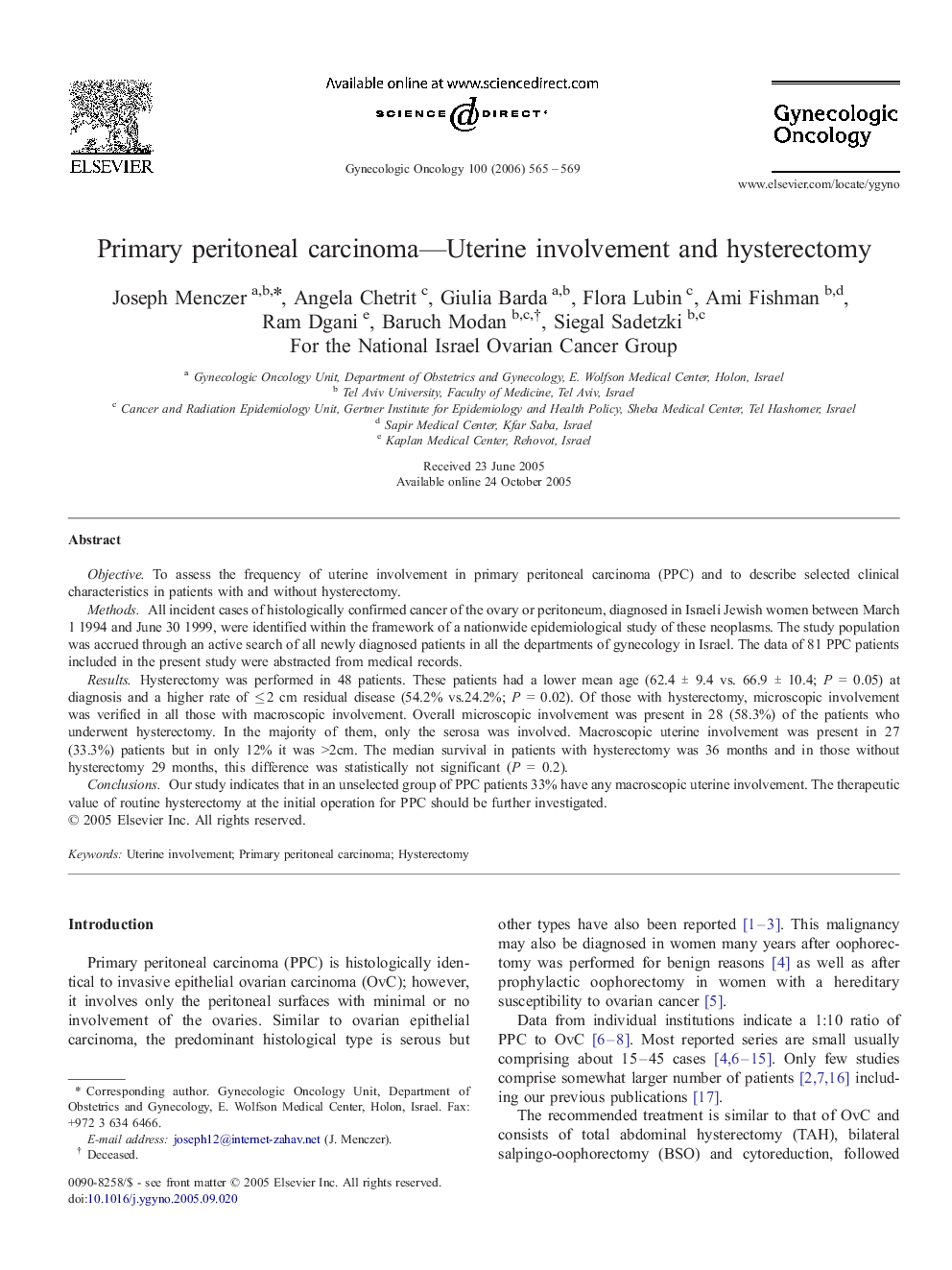 Primary peritoneal carcinoma—Uterine involvement and hysterectomy