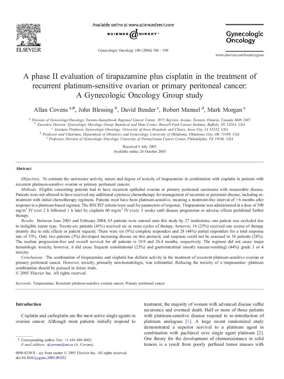 A phase II evaluation of tirapazamine plus cisplatin in the treatment of recurrent platinum-sensitive ovarian or primary peritoneal cancer: A Gynecologic Oncology Group study